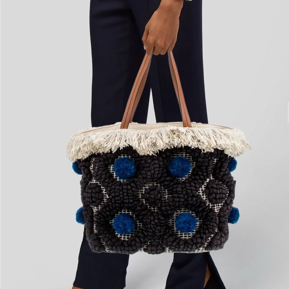 Tory Burch Black & Blue Pom Pom Canvas Tote Bag with Fringe & Leather Handles